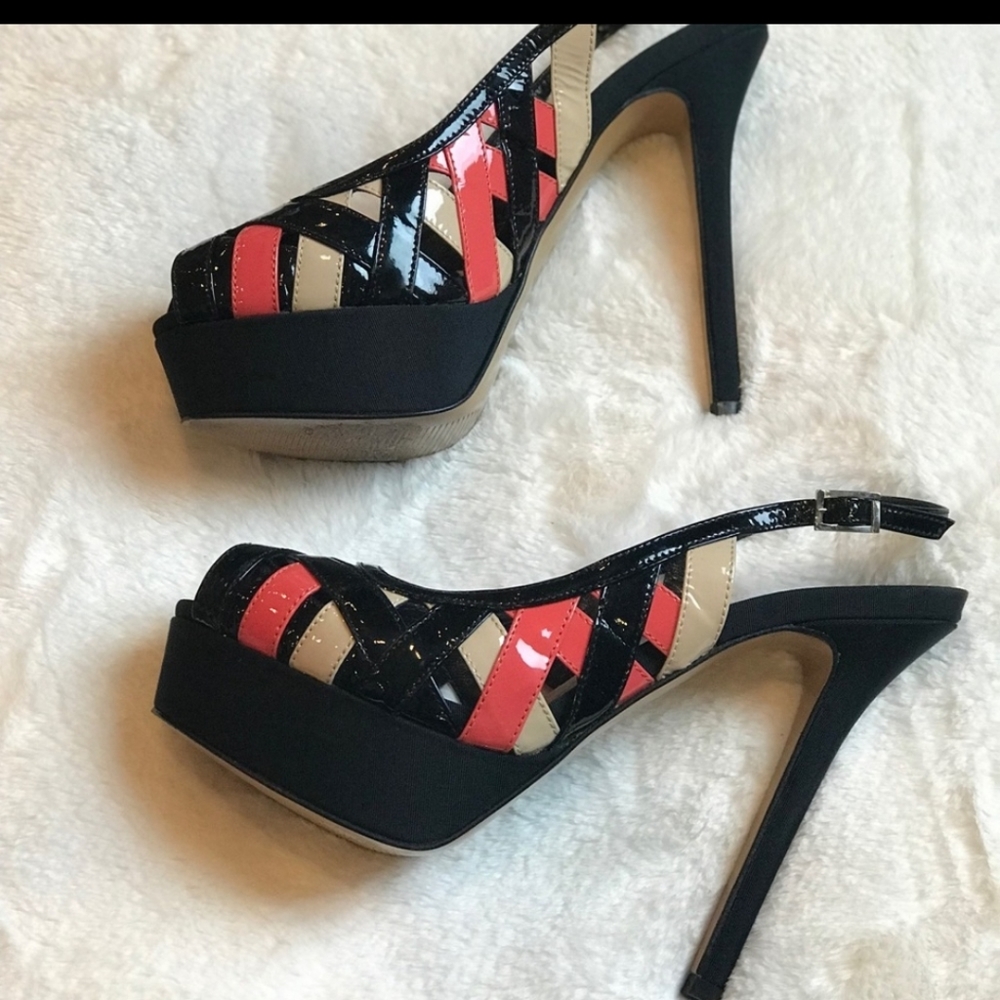 Guido Sgariglia Black / Coral / Tan High Heels Platform Sandals Sz 39